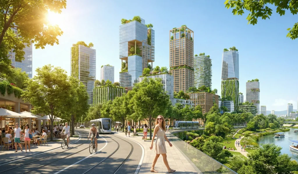 DALL-E 3 Image Generator - The Most Accurate Prompt-Understanding AI Tool A wide-angle, sunny digital illustration of a green utopian city with glass skyscrapers covered in vertical gardens, a river with solar boats, and stylish people enjoying a summer day, generated by DALL-E 3.