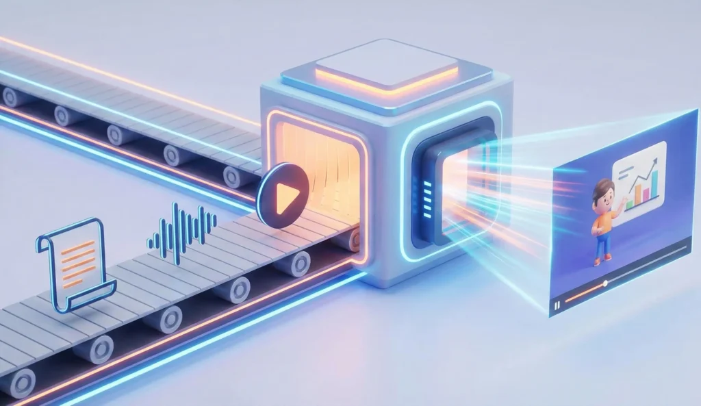 A stylized 3D illustration showing icons for a script, sound wave, and play button on a conveyor belt entering a glowing machine, which then projects a finished animated video onto a screen, symbolizing the Fliki AI text-to-video process.
