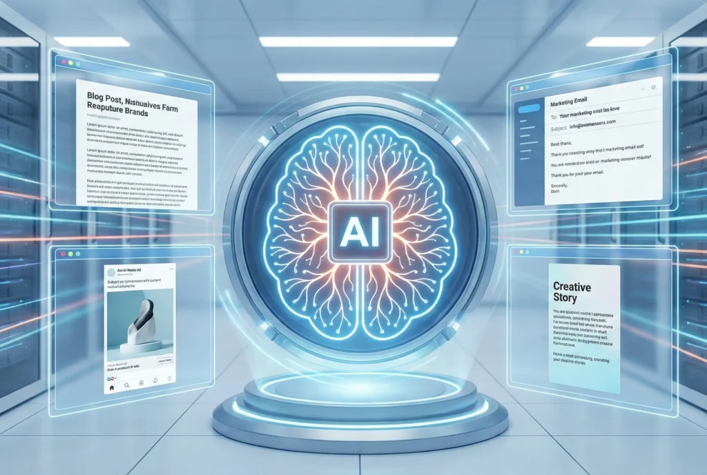 A futuristic illustration of a central, glowing AI brain in a server room, projecting holographic screens that display different content formats like a blog post, social media ad, email, and a creative story, representing Jasper's all-in-one content generation.