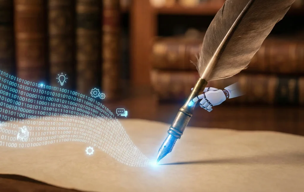 A creative photograph of an antique quill pen with a glowing digital tip, guided by a small robot hand, writing a stream of binary code and icons onto parchment paper, symbolizing Rytr's AI-powered writing capabilities.