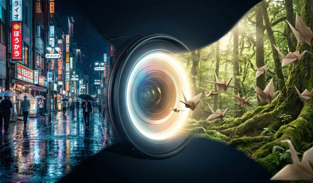 A creative composition showing a glowing camera lens as a central portal, with a rainy Tokyo street scene flowing from the left and a sunlit forest with origami cranes flowing from the right, symbolizing Sora AI's diverse video generation capabilities.