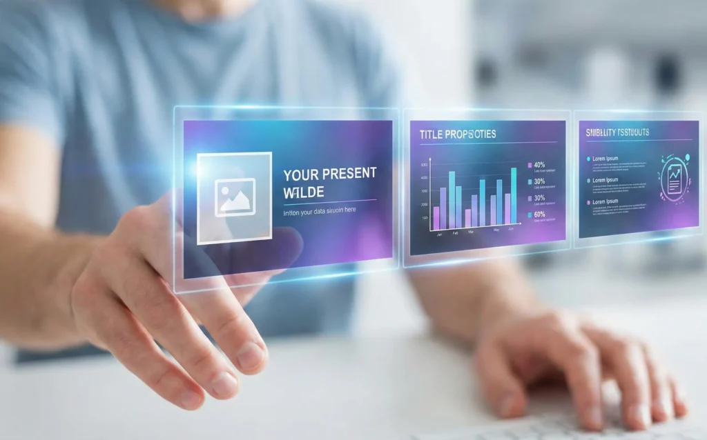A close-up photograph of a person's hand interacting with a holographic interface, effortlessly arranging a series of professional presentation slides with charts, images, and text, symbolizing the ease of use of Decktopus AI.