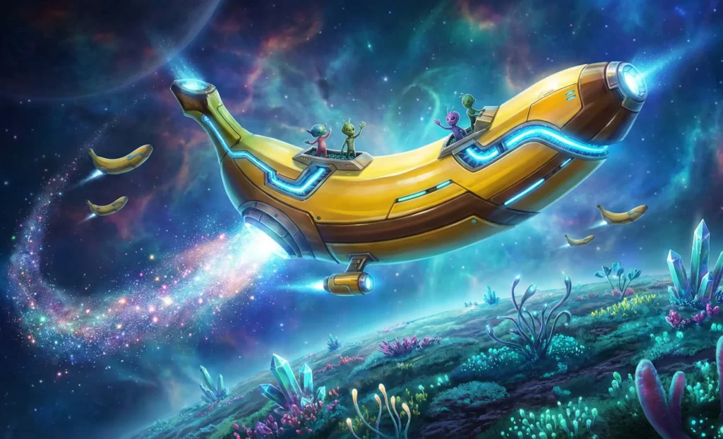 Nano Banana AI Art Generator For Fun, Fast & Simple Images for Social Creators A high-detail fantasy digital painting of a banana-shaped spaceship piloted by small aliens, flying over a glowing crystalline planet, showcasing Nano Banana AI image generation capabilities.