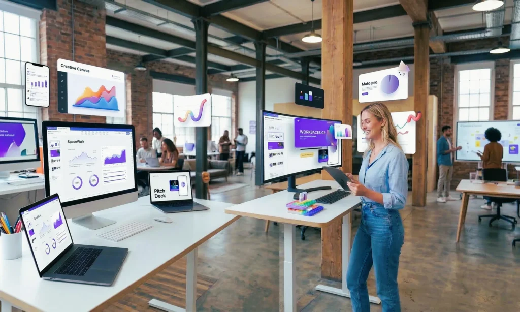 Pitch: The AI Presentation Tool Teams Actually Love A photograph focusing on a young woman in a tech environment, smiling as she works with 'Pitch,' an AI presentation tool. She interacts with sleek, animated 3D graphics and a floating visual flow-map of presentation slides.