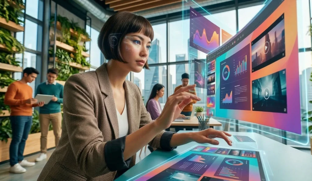 PopAI Presentation: One Tool That Replaces Five Apps A vibrant photo of a young woman enthusiastically interacting with POPAI,' an AI tool for presentations. She is using a large screen where data visualizations and user engagement elements 'pop' out dynamically in 3D, triggered by her interactions.