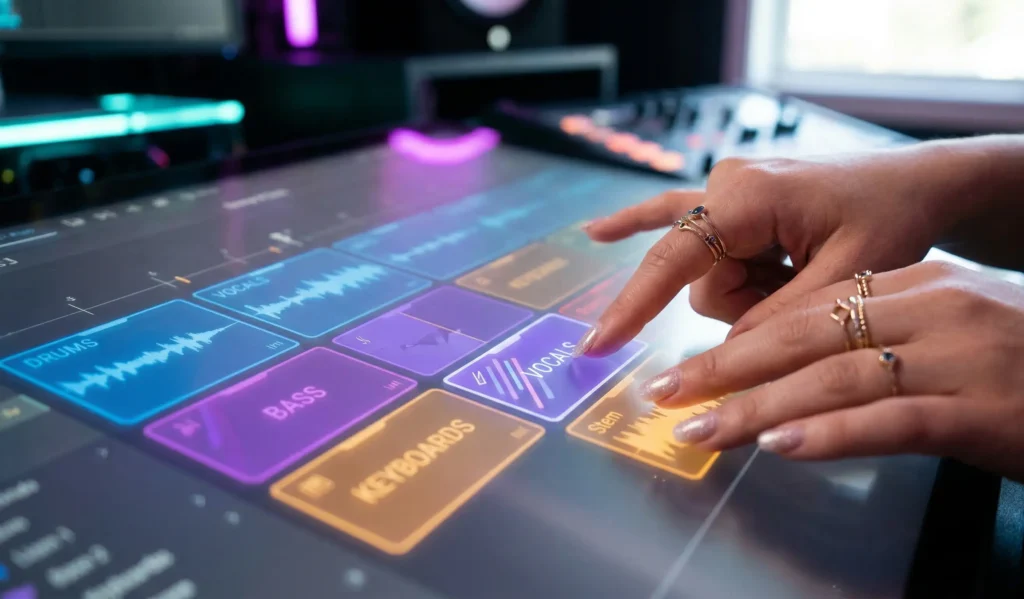 A close-up view of a female producer