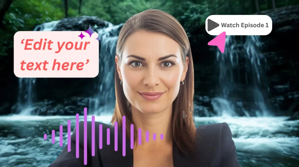 A photorealistic AI avatar presenter displayed on screen inside the Synthesia platform, showing how enterprise teams create professional video without a camera or studio