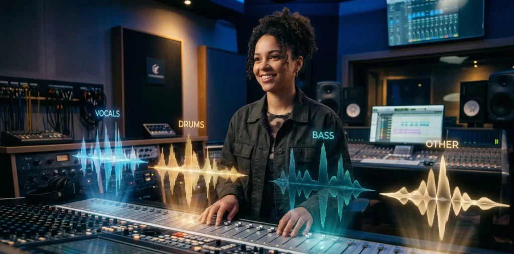 A female producer confidently mixing separated stems (Vocals, Drums, Bass, Other) in a DAW using Udio AI.